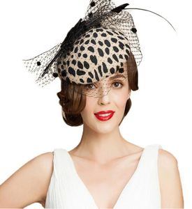 Fascinatorer svart leopard pillbox hatt med slöja 100% ull filt bröllop hattar kvinnor vintage bowknot cocktail fedora7042746