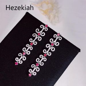 Hezekiah 925 tremella agulha nobre brincos seção longa brilhante seção longa vermelho zircão eardrop luxuoso festa de dança 280r