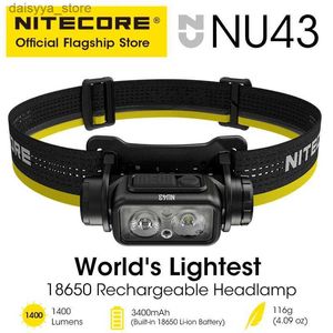 Headlamps NITECORE NU43 USB-C Rechargeable Headlamp 1400 Lumens for Trail Running LED Work Light Fishing Trekking Built in 18650 BatteryL231226