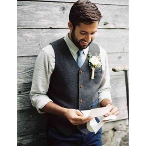 Slim Fit Wool Tweed Herringbone Waistcoat Groom Some-Breasted Męs