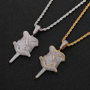 Hip Hop Rose Flower Pendant Necklace Rope Chain Iced Out Cubic Zircon Bling Men Jewelry locket necklaces262B