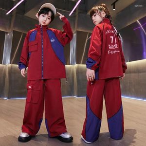 Palco desgaste 2023 hip hop roupas de dança para adolescente casaco vermelho calças mangas compridas inverno meninos meninas esporte jazz concerto traje bl12190