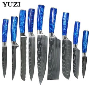 Mutfak bıçakları set mavi reçine sapı şef lnife lazer eamascus desen Japon paslanmaz çelik santoku cleaver dilimleme araçları2443