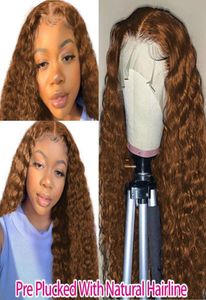 Siyah kadınlar için uzun kıvırcık peruklar brezilya insan saçı kahverengi renk derin dalga frontal 13x4 sentetik dantel ön wig8971499