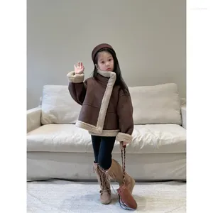 Jaquetas Meninos e Meninas Maillard Casaco Crianças Inverno Engrossado Estilo Ocidental Roupas de Motocicleta Pele Integrada Top