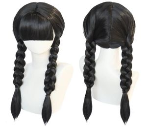 Synthetische pruiken Anogol Wednesday Addams Cosplaypruik Movie The Family Lang zwart vlechten haar met pony voor Halloween-feest 2302142449630