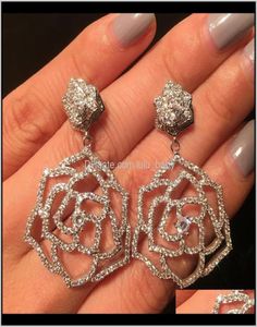 Fashion Luxury Designer Super Sparkling Diamonds Zirconia Camellia Flower Pendant Earrings For Women Girls Silver Post Mleee Zscel2714257