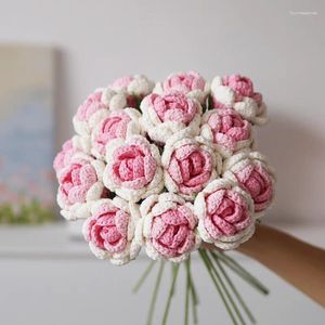 Decorative Flowers 33cm Handmade Crochet Knitting Gradient Rose Simulation Flower Valentine's Day Gift Immortal Arrangement Home Decoration