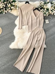 SINGREINY Autumn Knittted Suits 2023 Fashion Solid Long Sleeve TopSingle Breasted VestWide Leg Pants Women Casual Sweater Sets 231225