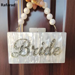 Pearl White Name Letter Silver Gold Glitter Bride Wedding Party Evening Acrylic Pvc Box Clutches Lady Bead Handle Wallet Bags 231226