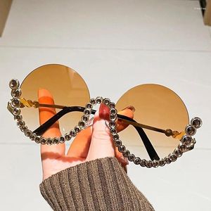 Sonnenbrille Diamant Runde Frauen Mode Metall Großen Rahmen Sonnenbrille Vintage Damen Randlose Übergroße Brillen