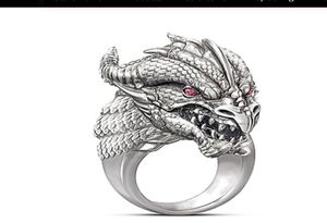 Anel de cabeça de dragão esculpido de luxo com olhos vermelhos para homens estilo punk vintage anel masculino festa anel de dedo masculino anéis animais joias 4341463