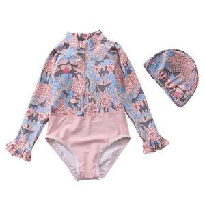 Sätt blommigt tryck Långärmad barn Småbarn Badkläder med badmössa för barn Rash UV Guard Girls Ruffles One Piece Swimsuit