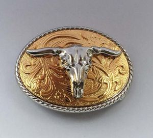 Nuova fibbia per cintura da cowboy Arrvial con tori in nastro 3D color oro in metallo SWBY732 per cintura a scatto larga 4 cm con calcio continuo8509187