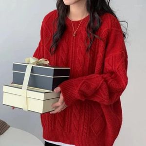 Kobiety swetry świąteczne czerwony skręt okrągła szyja sweter sweter 2024 wiosna zima luźna luźna miękka dzianka szykowana grube ciepłe skoczki y2k