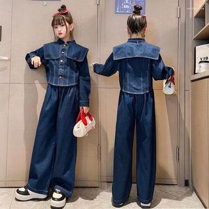 Kläder sätter koreanska Autumn Winter Elementary Girl 2st Suit Junior Denim outwear Large Lapel Coat Teenager Jeans Byxor