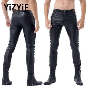 Mens faux läderbyxor svart punk gotisk våt look motorcyklistbyxor byxor stretch club scen leggings 231225