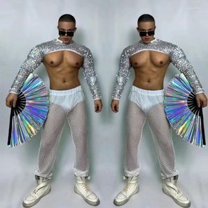 Stage Wear Muscle Man Pole Dance Abbigliamento Gogo Costume Argento Paillettes Top Pantaloni a rete Festival Uomo Rave Outfit Clubwear XS5052