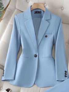 Alta qualidade manga longa feminino blazer feminino azul café cáqui único botão fino jaqueta senhoras negócios trabalho wear casaco formal 231225