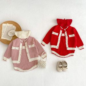 Clothing Sets 2023 Winter Baby Girl Sleeveless Jumpsuit Set Infant Cute Strap Bodysuit Cardigan Coat 2pcs Suit Fashion Princess Outfits