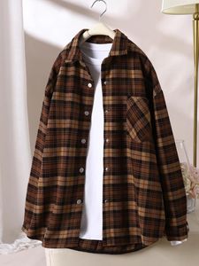 Women's Hoodies 2023 Autumn/Winter Polo Collar Plaid Warm Brushed Shirt Coat Art Thickened Loose Wool