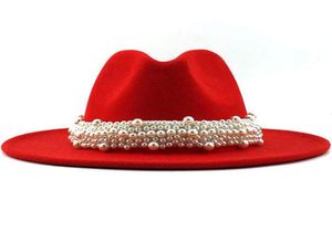 Yün Caz Fedora Şapkaları Sıradan Kadın Deri Deri İnci Şeridi Hisset Şapka Beyaz Pembe Sarı Panama Trilby Resmi Parti Kapağı 5861cm Y26529982723