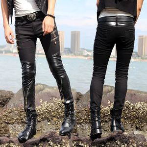 Idopy Fashion Men's Casual Faux Leather Pants Cotton Patchwork dragkedjor Black Punk Slim Fit Party Pu Trousers For Male 231226