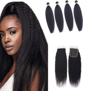 Brazilian Human Hair Kinky Straight 4 Bundles With 4x4 Lace Closure Baby Hairs Yaki 5 Pieces Natural Color 1030inch1837690
