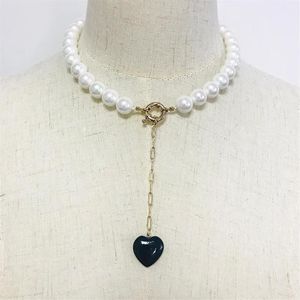 Colar de pérolas de água doce artesanal, joia de pescoço curto, pedra preta, pingente, banquete, casamento, mulheres, adiciona glamour, acessórios de roupas ne3016