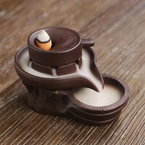 1pc Handmade Ceramic Ornament Buhrimill Backflow Incense Purple Clay Incense Holder Aromatherapy Home Decor Tea Pet 231225