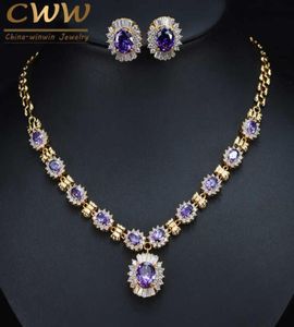 Brilliant Round Dangle Drop Purple Crystal Bridal Necklace and Earring Set Dubai Gold Color Wedding Jewelry T275 2107143709057