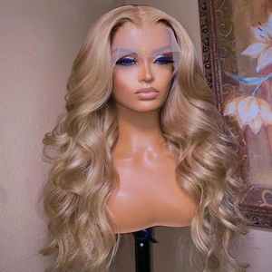 Peruker brasiliansk full lätt aska blond färgad glueless13x4 spets frontala peruk kroppsvåg honung blond syntetisk spetsstängning peruk för kvinnor