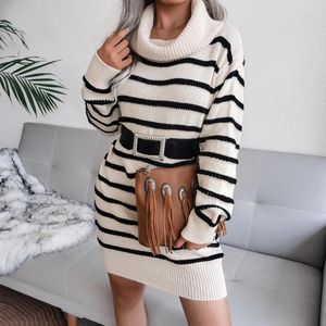 Women's Sweaters Women Elegant Knee-length Knitted Pullover Autumn Winter 2023 Fashion Long Sweater High Neck Striped Dress