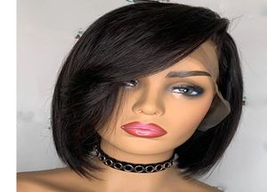 الانفجارات الجانبية المستقيمة الهندية 13x6 الدانتيل الشفافة شعر شعر مستعار بشعر الإنسان REMY 360 FRONTAL SILK TOP FULL Full Bob Fringe WIG B3792022