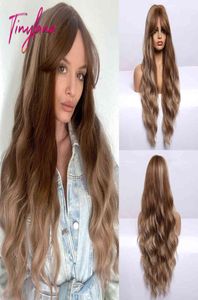 Long Water Wavy Golden Brown Blonde highlight Synthetic with Bangs Wigs For Women Cosplay Heat Resistant Fiber1535287