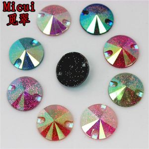 Micui 100 Stück 16 mm runde AB-Farbharz-Strass-Kristallsteine mit flacher Rückseite zum Aufnähen mit 2 Löchern für Kleid und Kleidungsstück ZZ697219Y