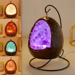 ナチュラルクリスタルエッグシェイプランプUSB LED NIGHT LIGHT TABLE AMETHYST CITRINE CLUSTERランプベッドルームホームデコレー