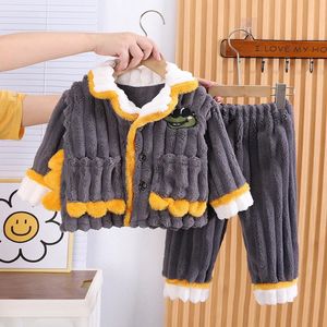 2023 Autumn Winter Children Boy 2PCS Pajamas Clothes Set Dinosaur Cotton Thick Homewear Coat Fleece Pant Toddler Sleepsuits 231226