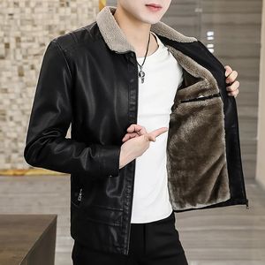 Pelz Kragen PU Leder Jacke Männer Winter Leder Jacke Einfarbig Dicken Mantel Männlichen Thermische Fleece Casual Stehkragen Kleidung 231225