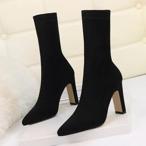 Boots Plus Size High Heel Boots Women Midcalf Boots 2022 Sexy Pointed Toe Thick Heel Sock Boots Female Winter Boots Shoes Woman