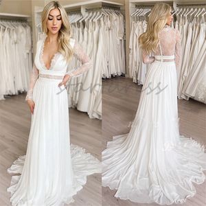 Semplice abito da sposa in chiffon spiaggia sexy scollo profondo a maniche lunghe illusione posteriore applique in pizzo abito da sposa fata giardino abito da sposa bohemien 2024 Grecia Robe De Mariage