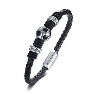 Soccer Bracelet Sports Jewelry Gift for Soccer Lover Football Charm Braided Leather Bracelet with Stainless Steel Magnet Clasp272q