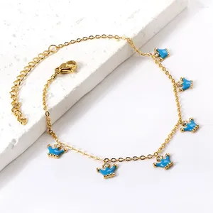 Anklets Fashion Elegance Blue Crown Shape Pendant Anklet Women's Stainless Steel Gold Plated Foot Jewelry Summer Beach Sandals Accessory