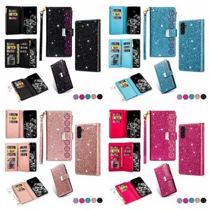 Étuis portefeuille multifonctions en cuir pailleté pour Samsung S24 Ultra S23 FE A24 A25 A05 A05S A15 S22 Plus A13 Mode dentelle fleur fente pour carte d'identité poche d'argent fermeture éclair couverture à rabat