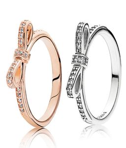 Autentisk 925 Sterling Silver Wedding Ring Set Original Box för 18K Rose Gold Sparkling Bow Luxury Designer Jewelry Women Rings7447234