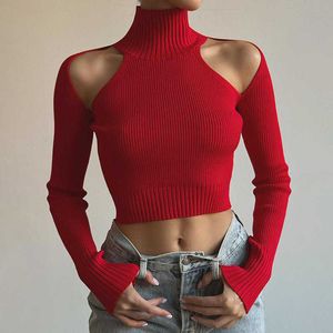 Women's Sweaters 2023 Autumn/winter New Women's Sexy Sweater Solid Color High Neck, Off-the-shoulder, Crop Wool Woven Top T231226