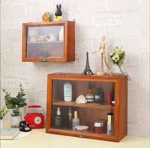 Storage Boxes Bins Vintage Solid Wood With Door Flap Glass Dustproof Two-Layer Cosmetic Box Display Cabinet Blind Cup Rack Drop Delive Ot21X