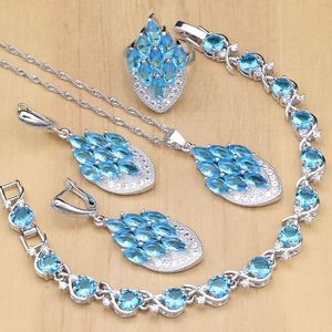 Bracelets Sky Blue Zircon Jewelry White Crystal Women Sier Bridal Jewelry Sets Earrings/pendant/rings/bracelet/necklace Set