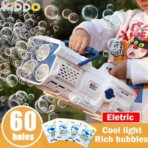 60 buracos Bubble Gun Automatic Electric Rocket Soap Bubbles Magic Machine Outdoor Bath Party Toy LED Light Presentes do Dia das Crianças 231226