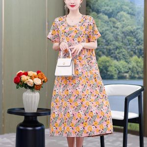 Casual Dresses Fashion Summer For Women 2023 Vintage Kort ärm O-hals Tryck Löst blommiga klänningskläder